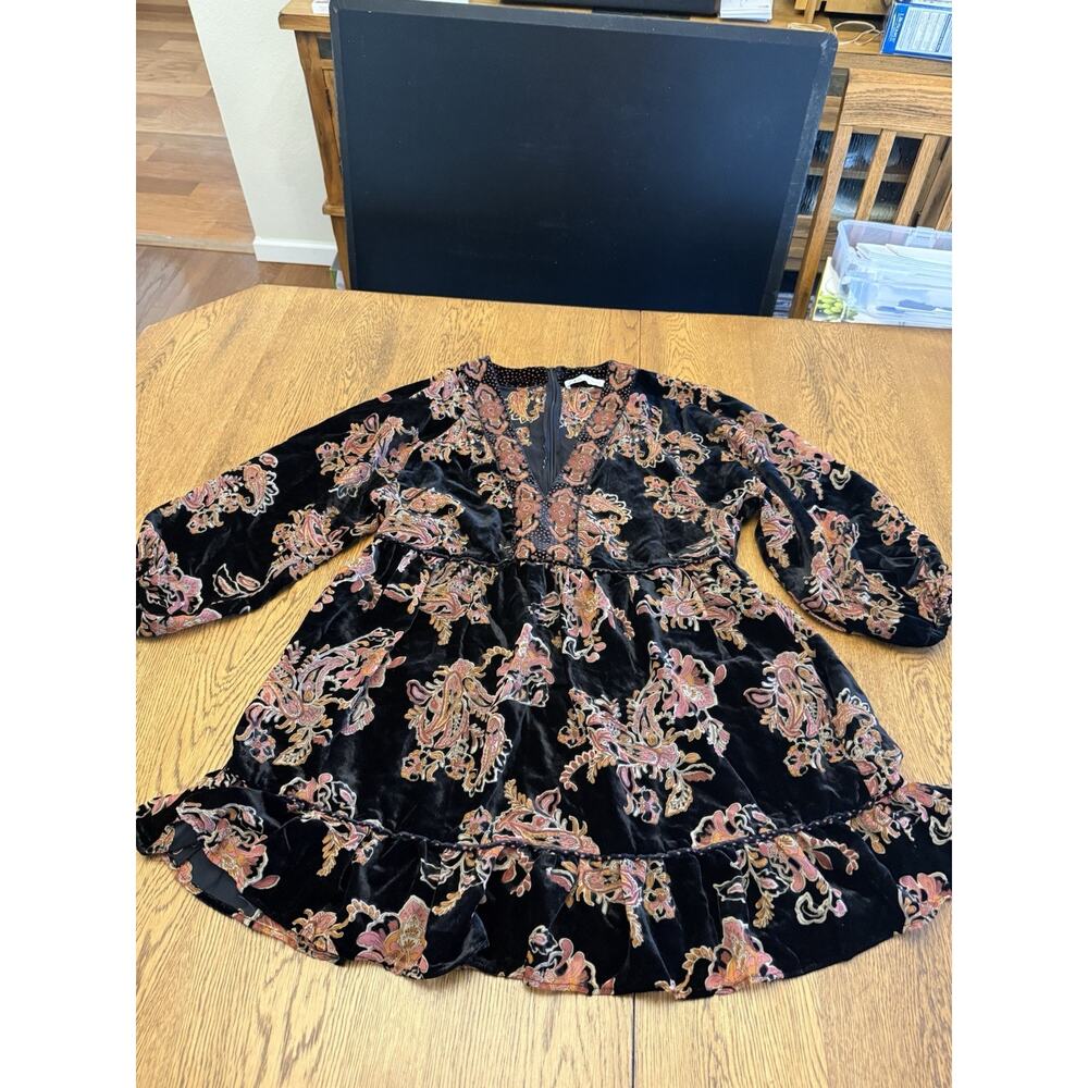 Zara A-Line Dress Floral Velvet Ruffle Black V-Neck Balloon Sleeve Short L Women